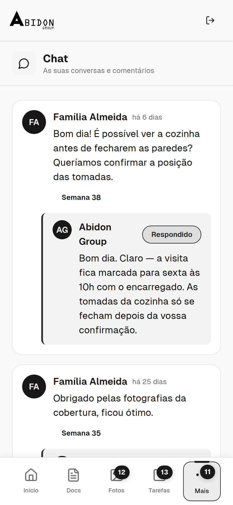 Portal do Cliente: fio de comentários com a equipa