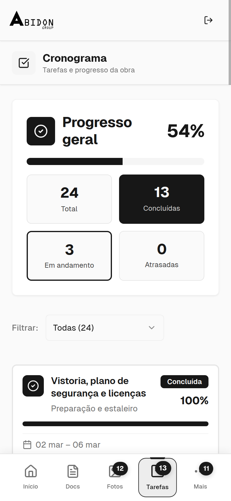 Portal do Cliente: cronograma medido, com as tarefas por fase e o estado de cada uma