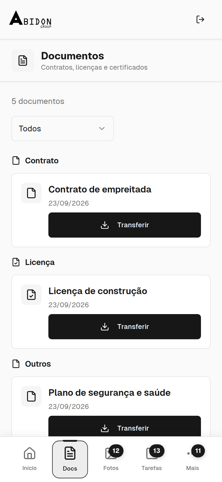 Portal do Cliente: documentos da obra, com filtro