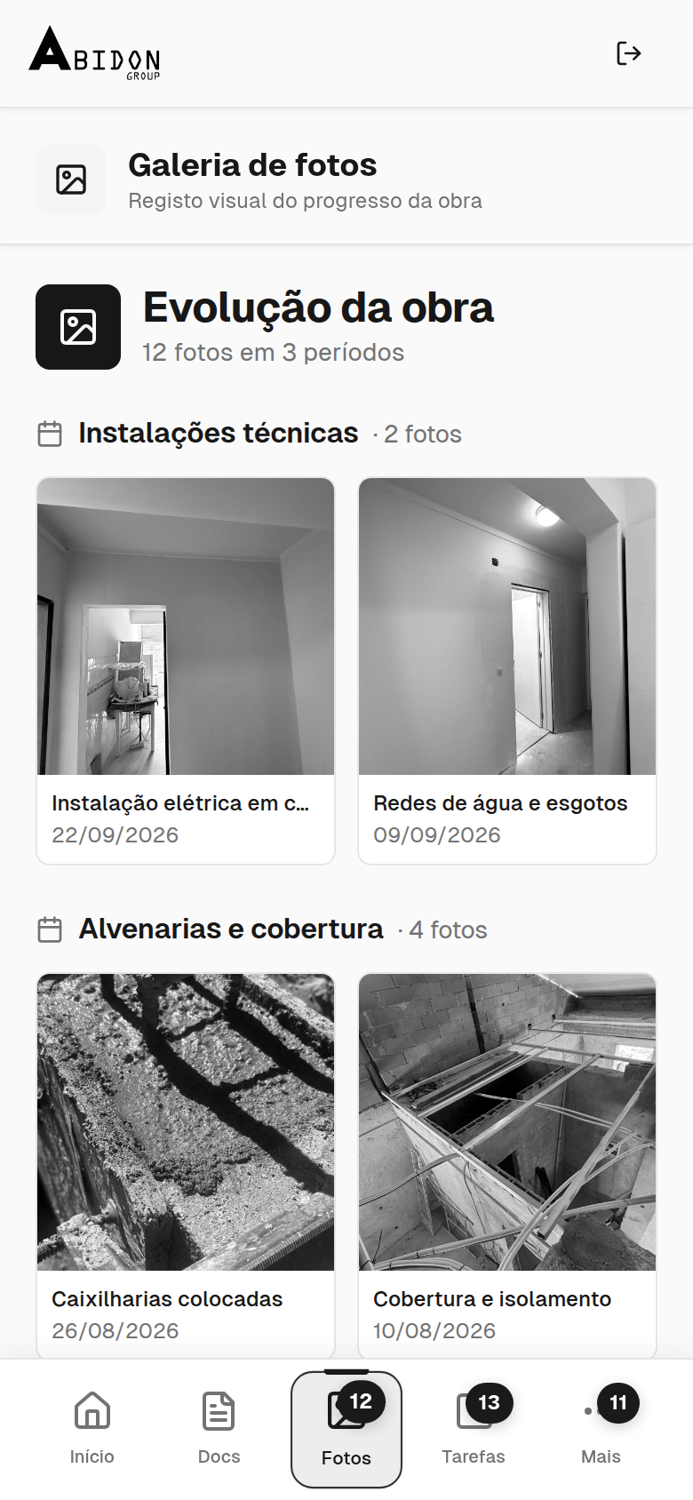Portal do Cliente: fotografias da obra organizadas por divisão