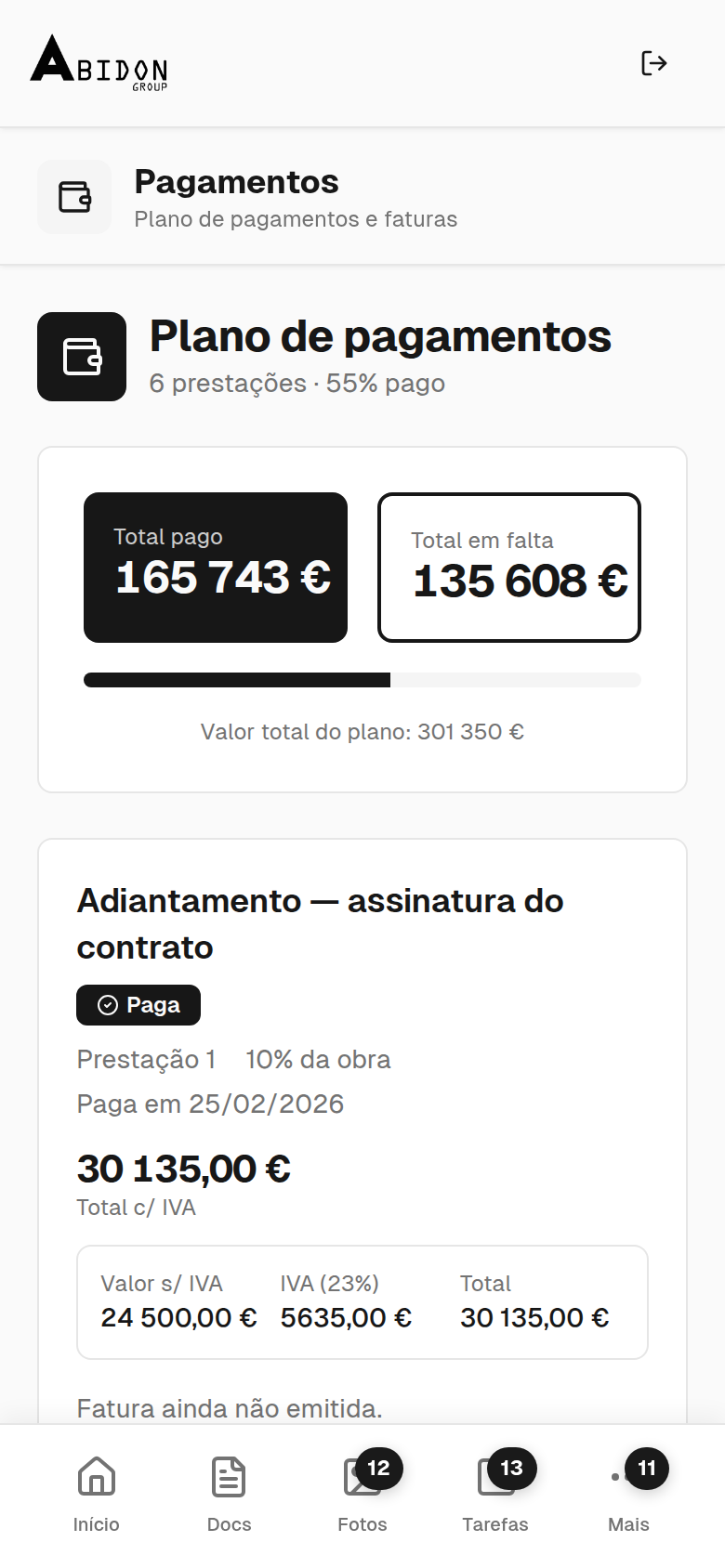 Portal do Cliente: plano de pagamentos, com o IVA discriminado e o estado de cada prestação